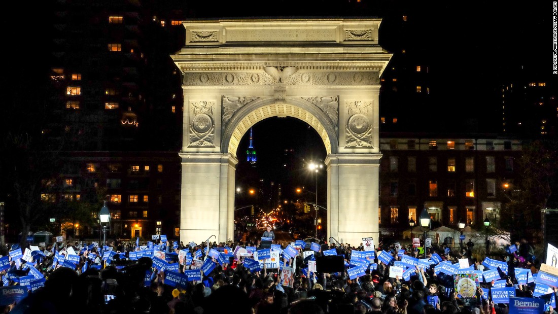 Sanders speaks at a campaign event in New York&#39;s Washington Square Park in April 2016.